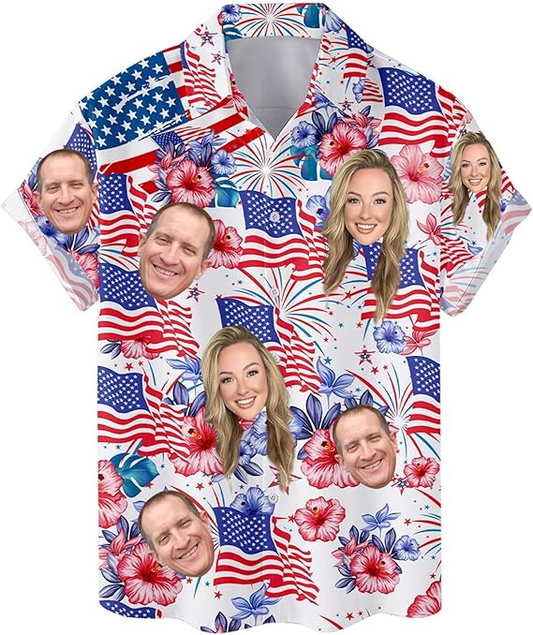 Custom Face Hawaiian Shirt for Men Women, Boy - 4th July Independence Day, US American Flag, Patriotic Gift