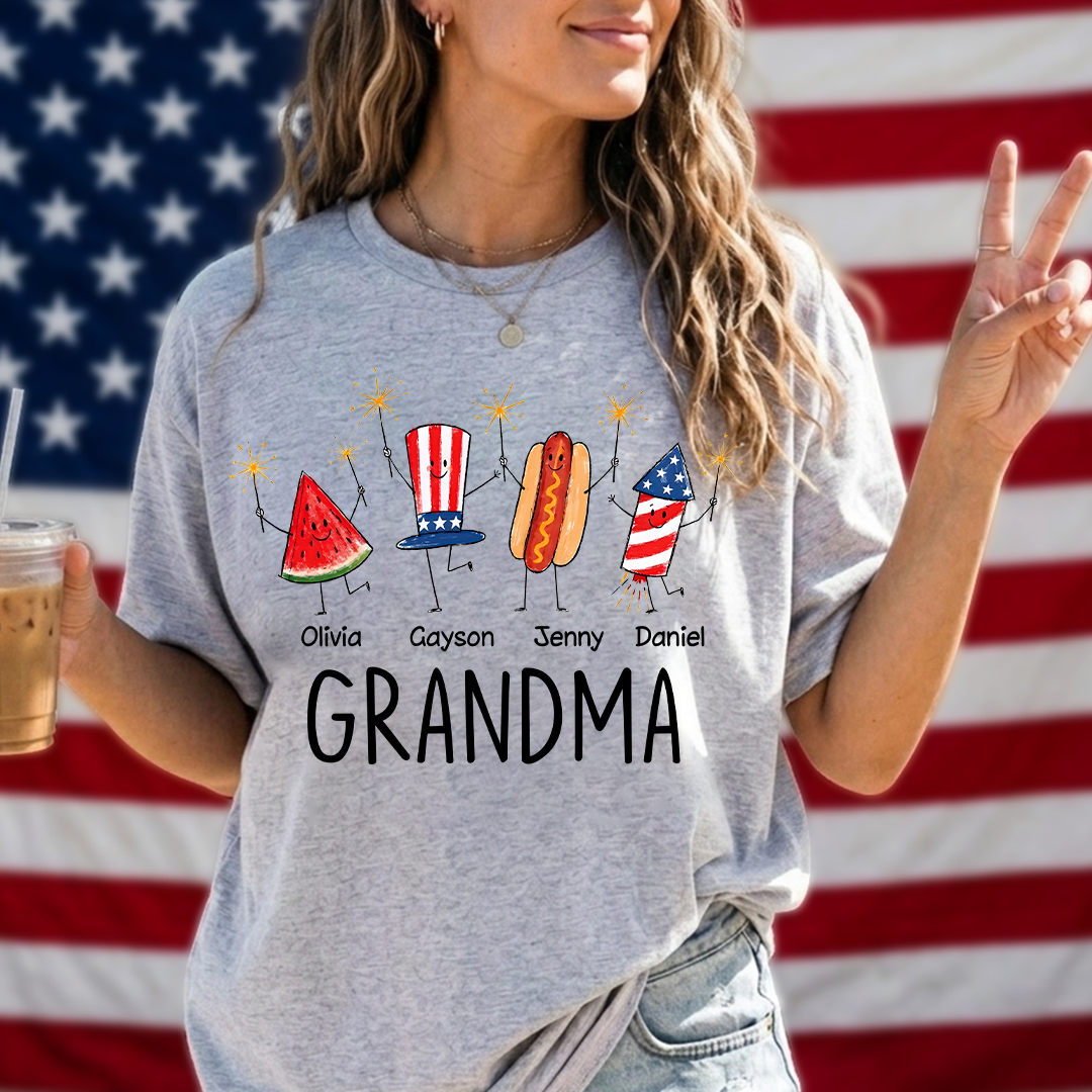 Cute Fourth of July Personalized Grandma and Grandkids Watermelon Hotdog Firework T-shirt