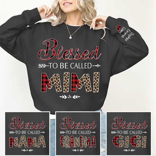 Personalized Blessed To Be Called Nana Sweatshirt With Grandkids Names, Custom Grandma Gift, Leopard Plaid Nana Crewneck