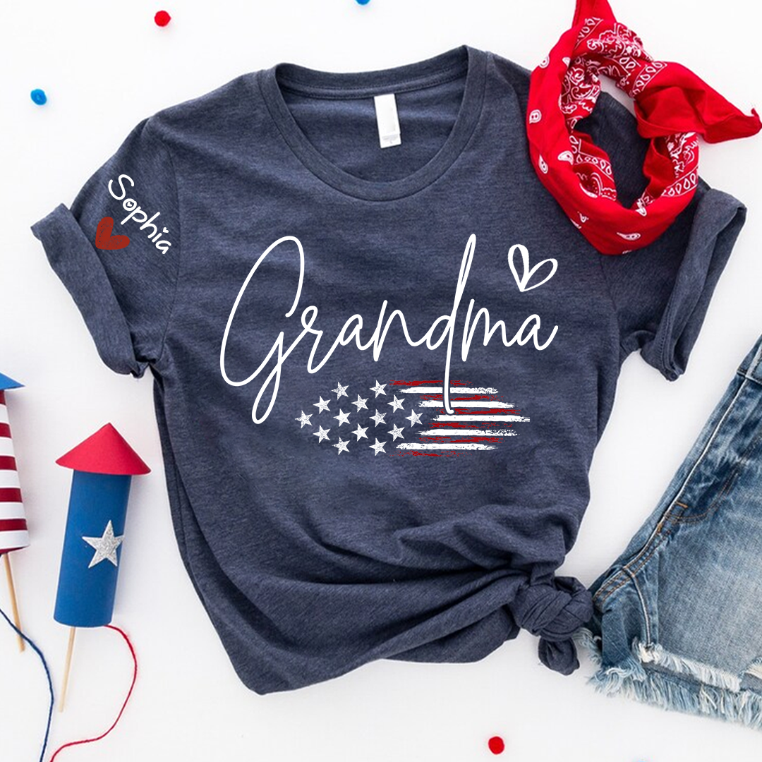 Personalized Grandma American Flag T-Shirt, Custom Design with Name, Patriotic Family Shirt for 4th of July, Gifts for Mother's Day, Birthday