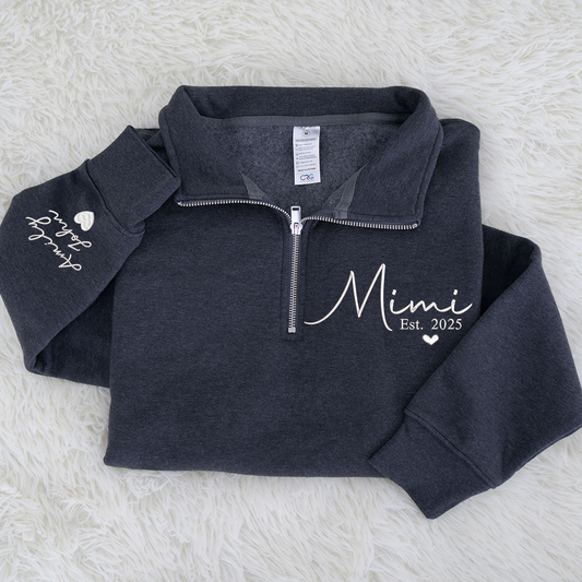 Mimi Heart Est Sweatshirt, Mimi And Grandkids Embroidered Quarter Zip Sweater