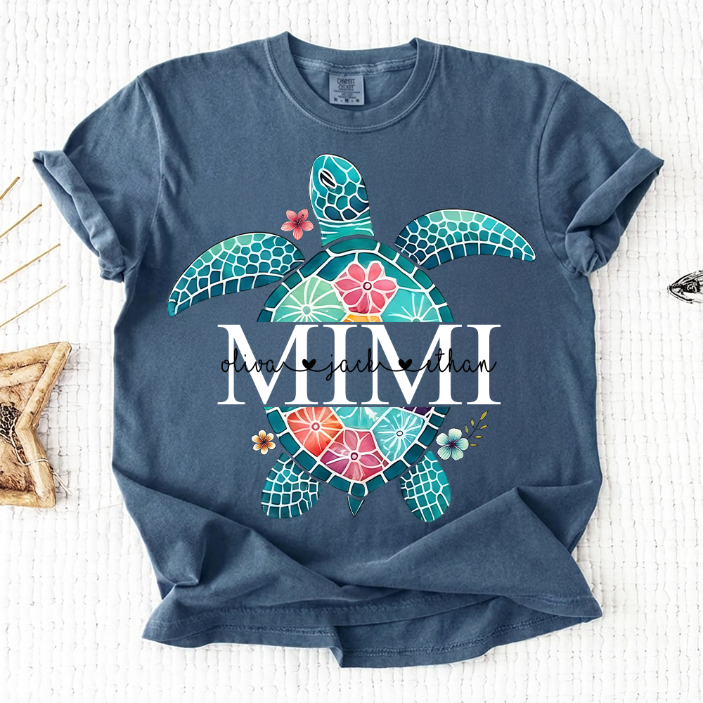 Comfort Colors® Personalized Mimi Sea Turtle Shirt, Custom Grandkids Names Beach Shirt, Coastal Summer Vacation Shirt for Grandma, Ocean Lover Gift for Mimi Nana Gigi
