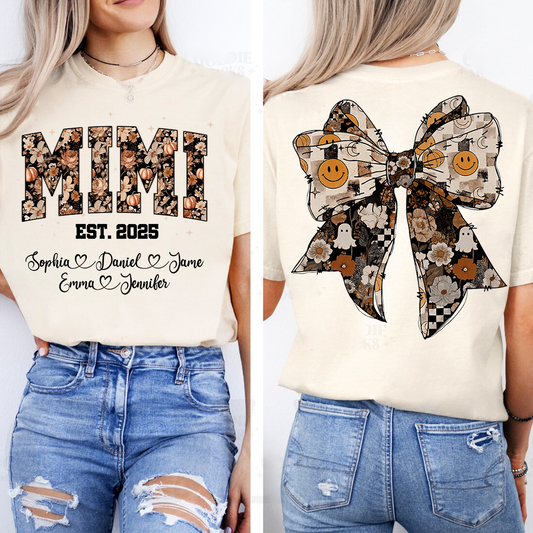 Fall Mimi Shirt with Halloween Bow and Grandkids Names Personalized Gift for Grandma T-shirt
