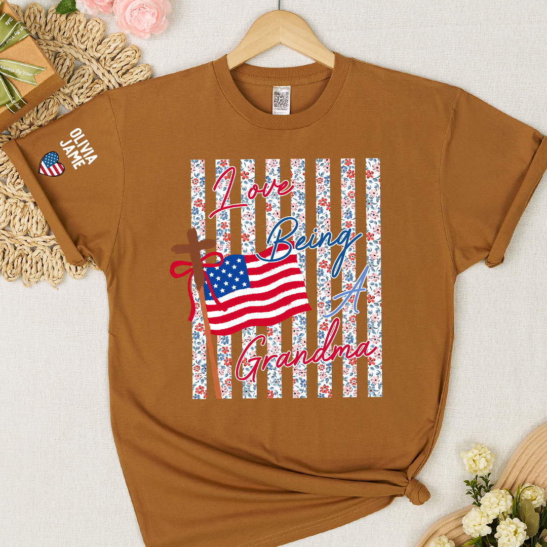 Floral Stripes Love Being A Grandma America Flag, Faith Fourth of July T-Shirt