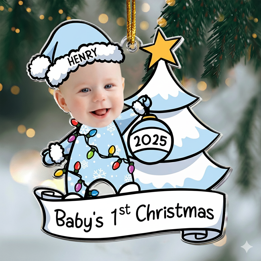 Baby First Christmas Ornament Personalized, Custom Face, Name & Year Xmas Tree Decoration 2025