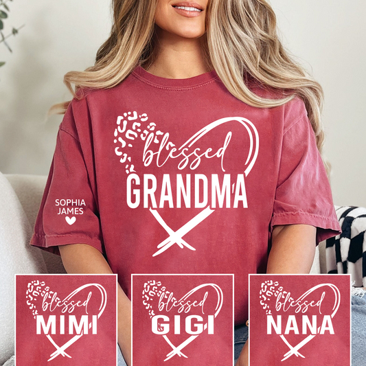 Blessed Grandma Shirt, Leopard Print Heart Design T-Shirt, Custom Grandma Apparel for Her, Sentimental Family Gift