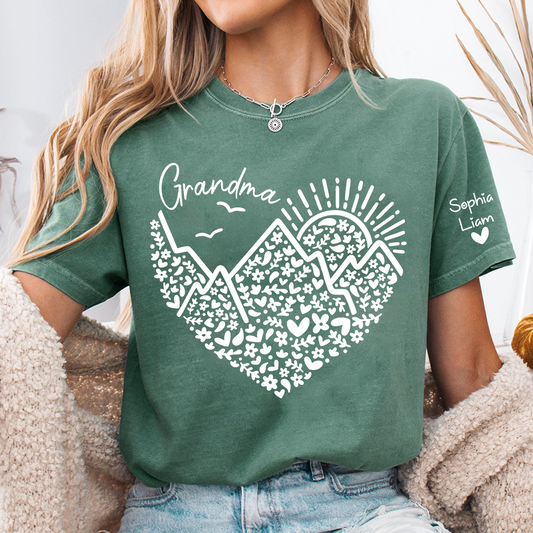 Personalized Grandma Mountain Heart Shirt, Custom Grandma T Shirt with Kids Names on Sleeve, Floral Family Gift for Women