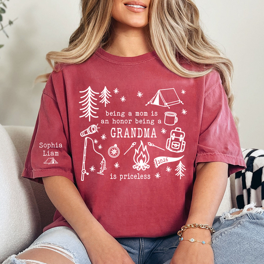 Personalized Camping Grandma Shirt, Custom Grandkids Names Sleeve Tee, Being a Mom Is an Honor Being a Grandma Is Priceless
