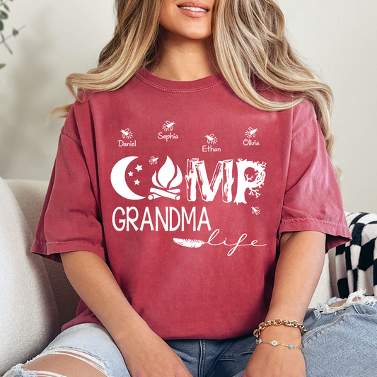 Personalized Camp Grandma Life Shirt, Custom Grandkids Names Camping T-Shirt, Outdoor Grandma Gift, Campfire Family Tee