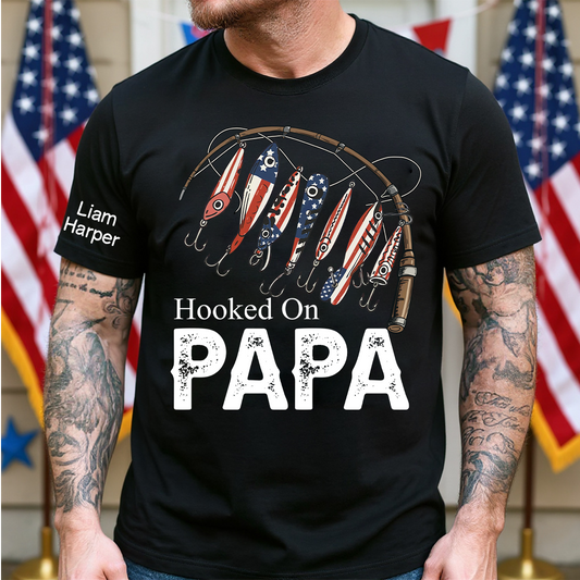 Hooked On Papa, Personalized Papa And Grandkids Father's Day T-Shirt