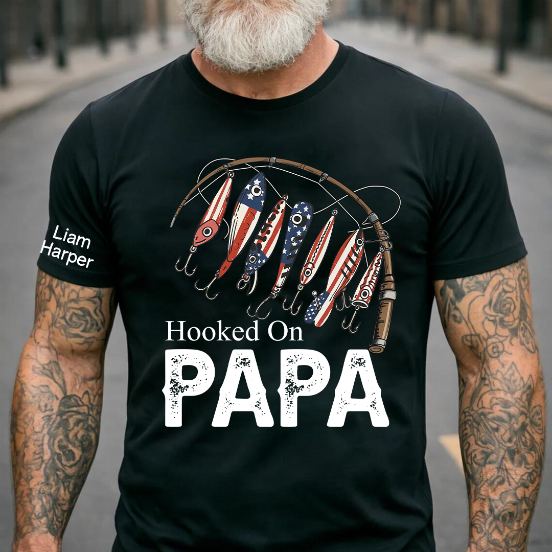 Hooked On Papa, Personalized Papa And Grandkids Father's Day T-Shirt