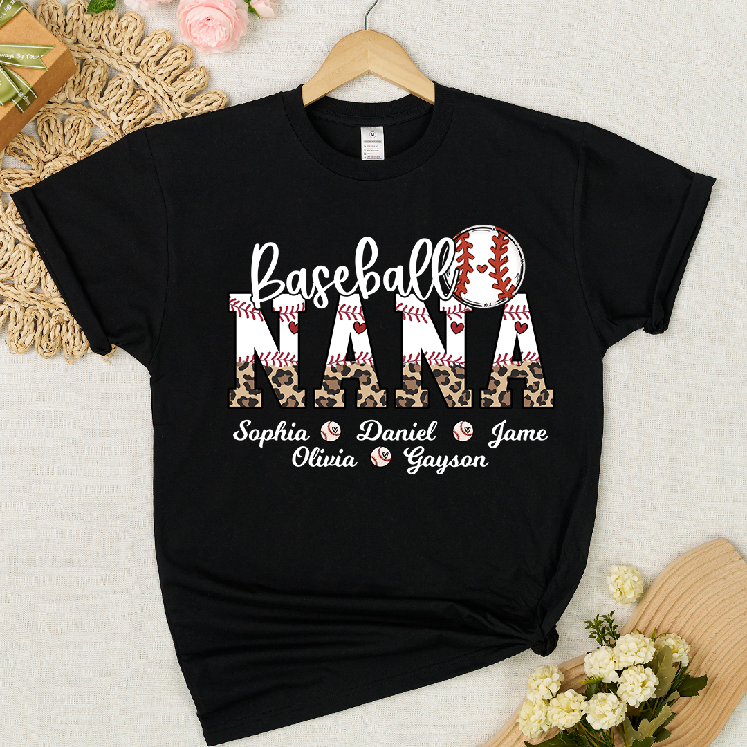 Leopard Baseball Nana Personalized Grandma And Grandkids T-shirt