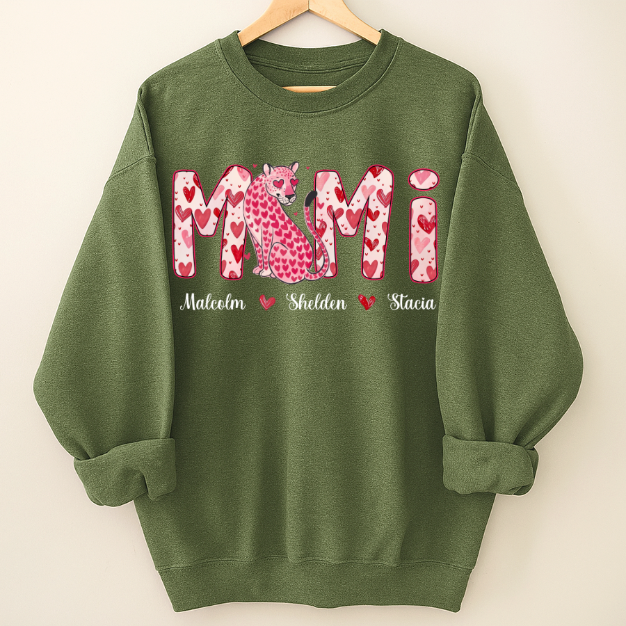 Leopard Valentine's Mimi, Personalized Mimi and Grandkids Heart Shirt