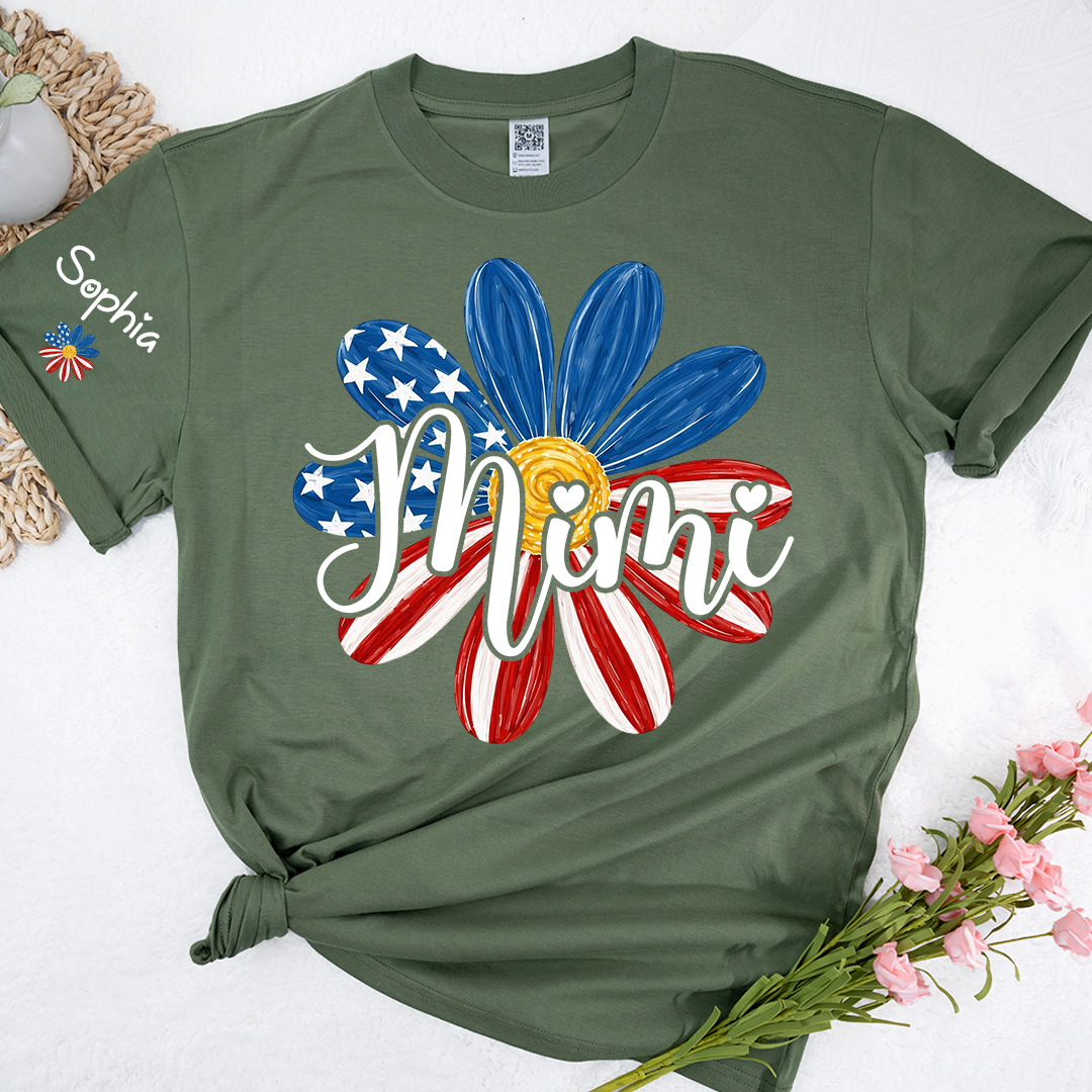 Custom Mimi T Shirt with Kids Names Floral Daisy American Flag Design Personalized Family Gift for Mimi 4th of July