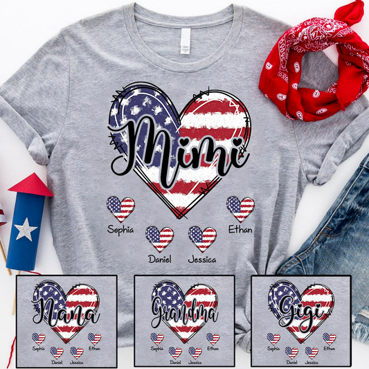 Custom Mimi Shirt with Grandkids Names American Flag Heart Design Personalized Family Name Tee