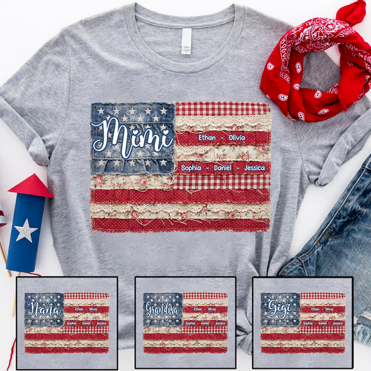 Personalized Mimi Shirt with Kids Names Patriotic American Flag Patchwork Design Custom Gift for Mom Grandma