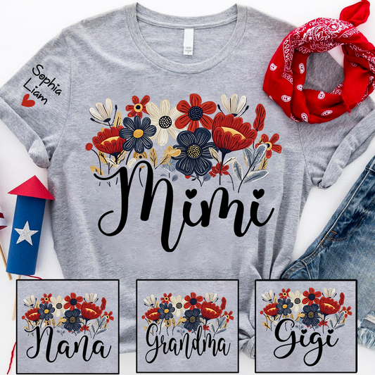 Personalized Grandma Mimi Shirt with Floral Design and Sleeve Names, 4th of July Shirt