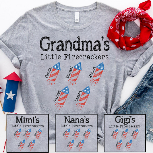 Custom Grandma Little Firecrackers T Shirt, Personalized Kids Names, Patriotic Firework Rockets Graphic, July 4th Family Matching Apparel