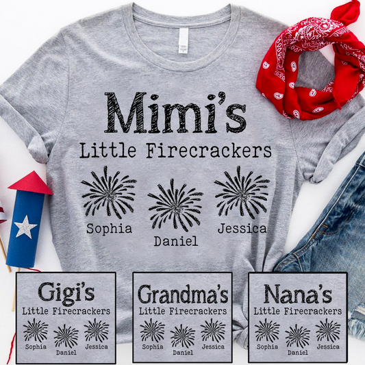 Mimi's Little Firecrackers Personalized T Shirt with Custom Kids' Names, Perfect for Independence Day