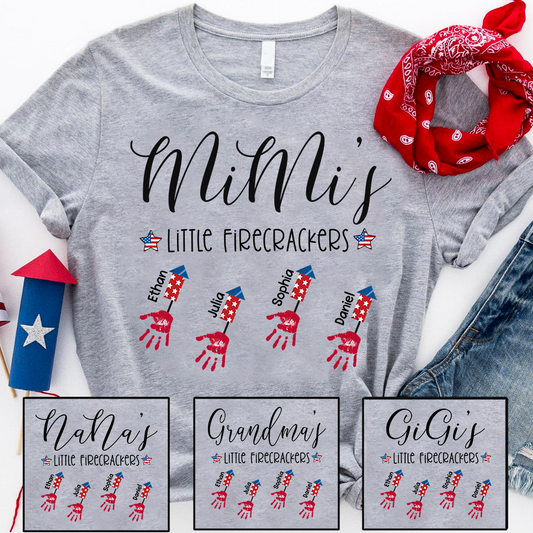 Personalized Mimi's Little Firecrackers T Shirt, Custom Grandchildren Names with Firework Handprint Design