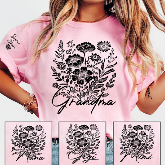 Grandma Floral Line Art Shirt, Minimalist Flower Grandma Tee, Personalized Grandma Gift, Elegant Botanical Shirt for Grandma