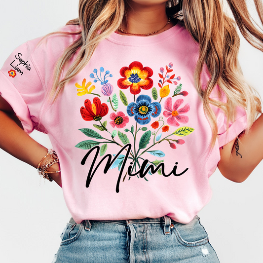 Personalized MimiI Floral T Shirt, Custom Family Names with Vibrant Flower Design, Perfect Gift for Mimi Cinco de mayo