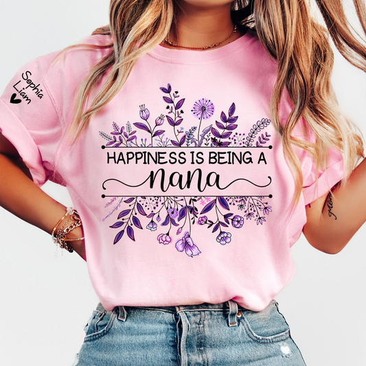 Happiness Is Being a Nana Shirt, Purple Floral Grandma Tee, Custom Nana Gift from Grandkids, Family Name Sleeve Shirt, Cute Grandma Outfit
