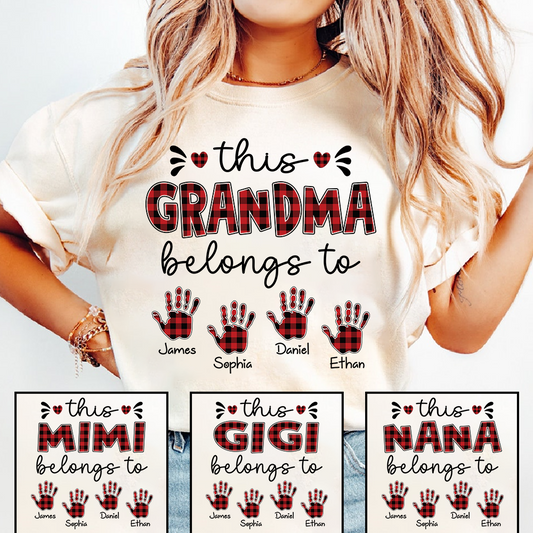 This Grandma Belongs To Tee, Custom Grandma Shirt with Grandkids Names, Red Plaid Handprint Gift, Meaningful Family Apparel