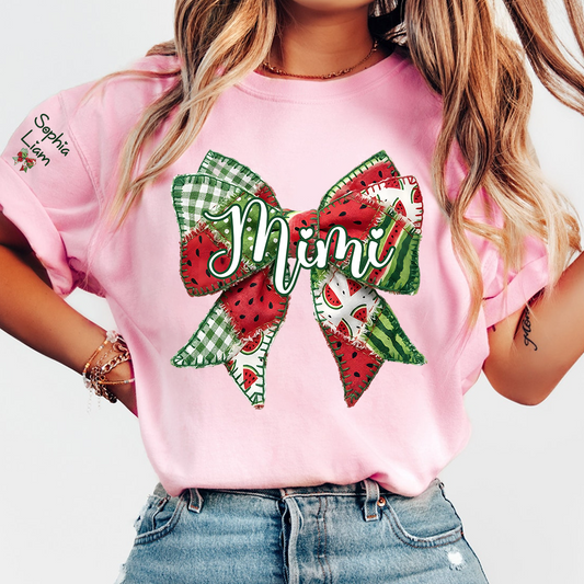 Personalized Mimi Watermelon Bow Shirt, Custom Grandma T Shirt with Grandkids Names, Summer Family Tee for Nana Gigi Mimi