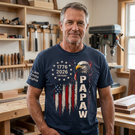 Personalized Papa Patriotic American Flag Shirt with Kids Names on Sleeve, Custom Grandpa Shirt, U.S. 250th Anniversary 250 Years of Freedom, Fathers Day Family Gift