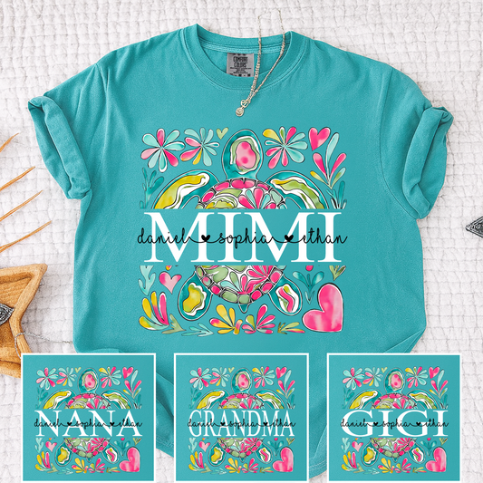Comfort Colors Personalized Mimi Sea Turtle Shirt, Custom Grandma T Shirt with Grandkids Names, Coastal Family Gift for Mimi Nana Gigi