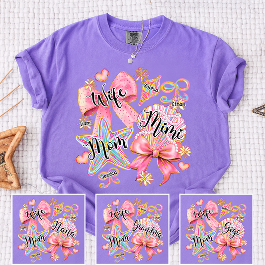Comfort Colors Personalized Wife Mom Mimi Beach Shirt with Grandkids Names, Custom Grandma Coastal T Shirt for Women, Summer Family Vacation Gift