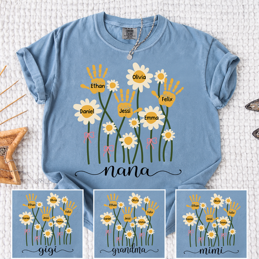 Comfort Colors Personalized Nana Shirt, Custom Handprint Daisy Flower Design, Grandkids Names Tee, Mother's Day Gift for Nana