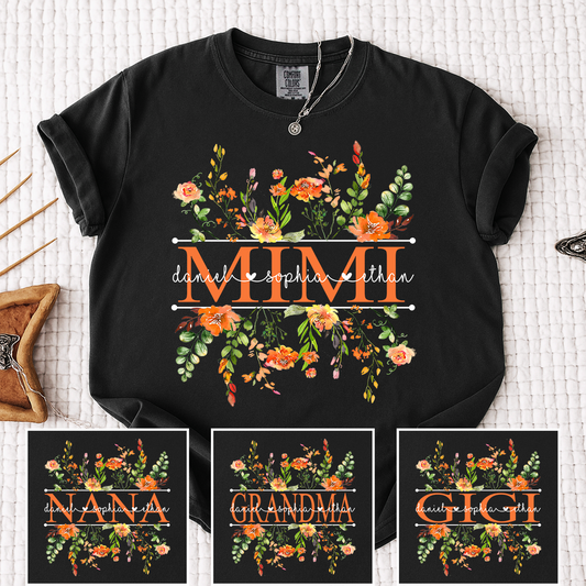 Comfort Colors Custom Mimi T-Shirt with Orange Wildflowers – Personalized Grandmother Gift Featuring Kids Names