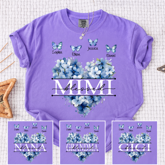 Comfort Colors Blessed Mimi T Shirt, Personalized with Kids Names, Heart Shaped Floral Design with Butterflies, Perfect for Mimi