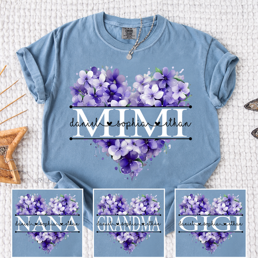 Comfort Colors Personalized MIMI T Shirt, Custom Family Names with Purple Floral Heart Design, Perfect Gift for Mimi
