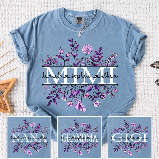 Comfort Colors Personalized MIMI T Shirt, Customizable with Family Names, Stunning Floral Design with Purple Flowers
