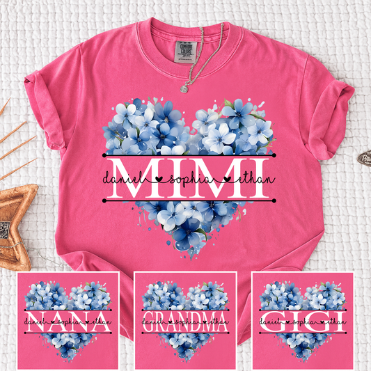 Comfort Colors Personalized Mimi Shirt with Blue Floral Heart Design, Custom Grandma Gift with Grandkids Name