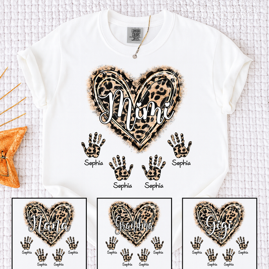 Comfort Colors Mimi Leopard Heart Shirt, Custom Handprint T Shirt with Grandkids Names, Unique Gift for Mimi, Personalized Family Shirt