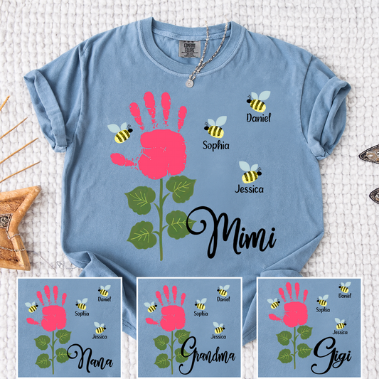 Comfort Colors Personalized Mimi Shirt, Custom Family Names with Handprint Flower Design and Bees, Perfect Gift for Mimi