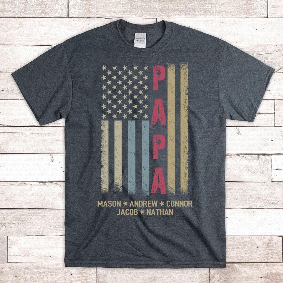 Personalized Grandpa Shirt, Papa Shirt, American flag - Papa With Grandkid Names