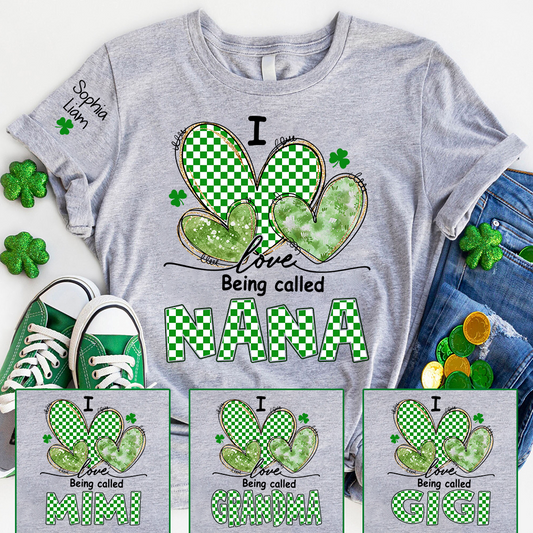 I Love Being Called Nana Shamrock Shirt, St Patricks Day Grandma T Shirt with Green Hearts, Cute Nana Gift for Spring Holiday