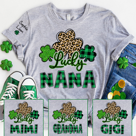Personalized Lucky Nana T Shirt with Shamrock Pattern, St Patricks Day Grandma Shirt, Custom Name Nana Tee, Cute Irish Clover Design for Family Wear