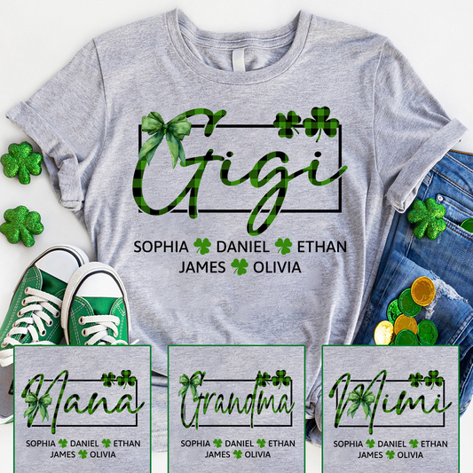 Personalized Gigi Family Shirt, Custom Names Shamrock Clover Tee, St Patrick’s Day Outfit for Gigi and Grandkids