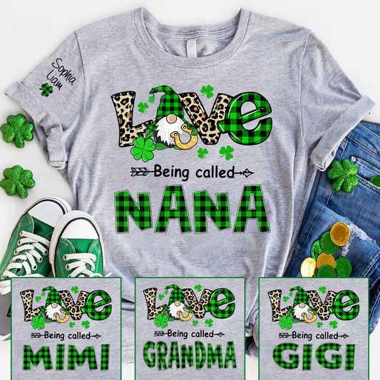 Nana St Patrick’s Day Shirt, Love Being Called Nana with Shamrocks and Gnome, Custom Grandma Shirt from Kids