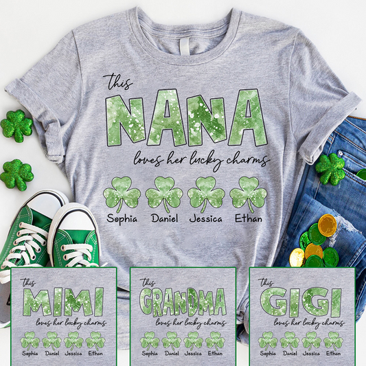 This Nana Loves Her Lucky Charms Grandma Shirt, Custom Name Shamrock T Shirt, St Patrick’s Day Nana Gift from Grandkids