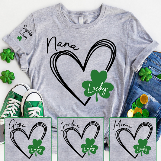 Nana Lucky Shamrock Heart T Shirt Personalized with Kids Names, Custom Grandma Shirt for St Patrick’s Day Celebration, Family Matching Green Clover Top