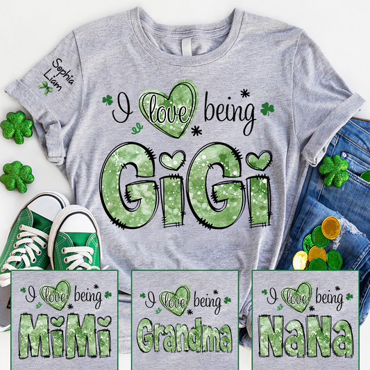 I Love Being Gigi Grandma Shirt, St Patrick’s Day Clover Tee, Personalized Gigi Family Shirt with Names