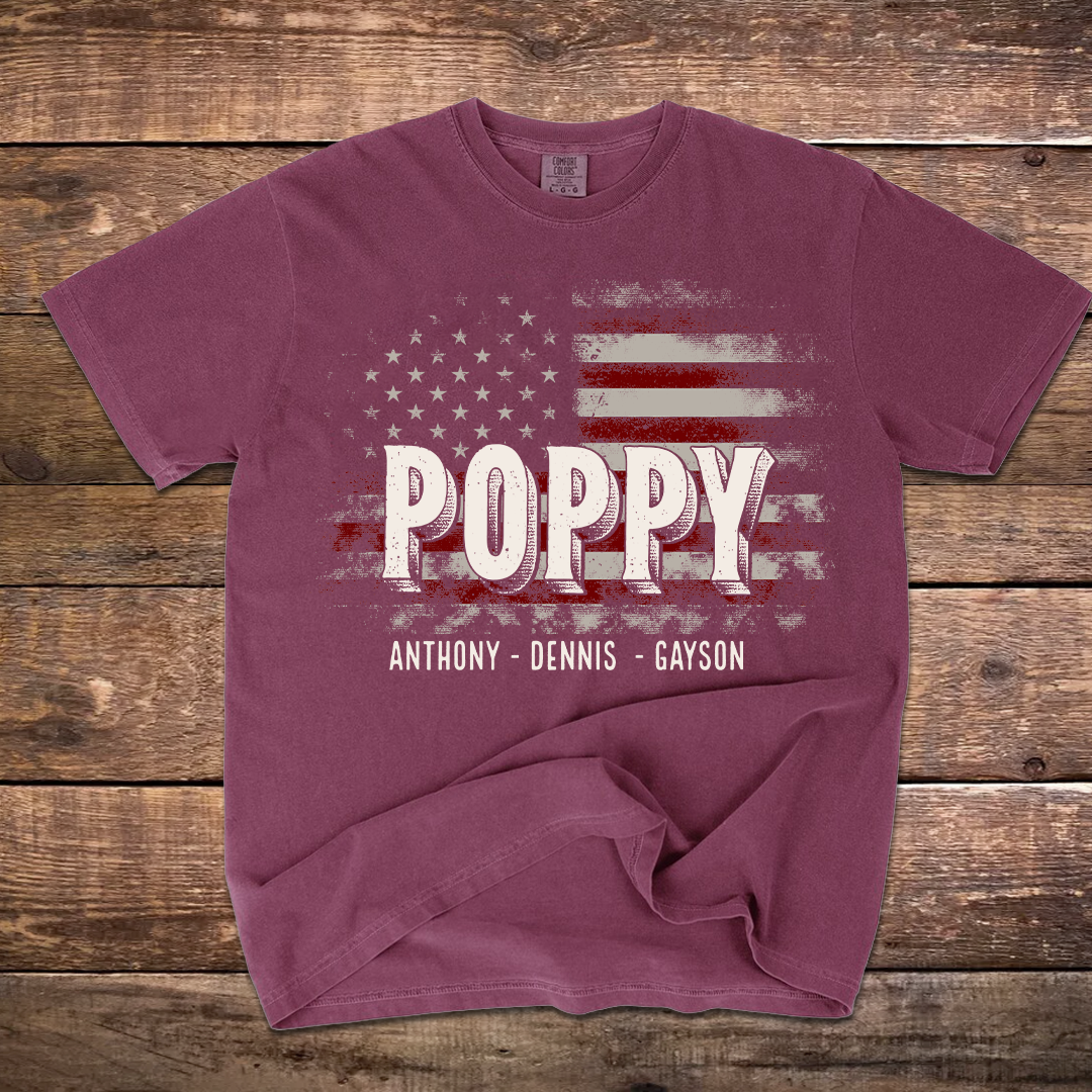 Papa American Flag Custom Name, Personalized Dad Papa Grandpa and Grandkids Comfort Colors® T-shirt