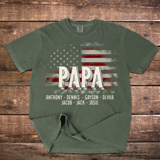 Papa American Flag Custom Name, Personalized Dad Papa Grandpa and Grandkids Comfort Colors® T-shirt
